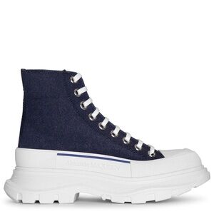 EUC Women Size 8 (Euro Sz 38) Alexander McQueen Thread Slick Denim Boots In Blue